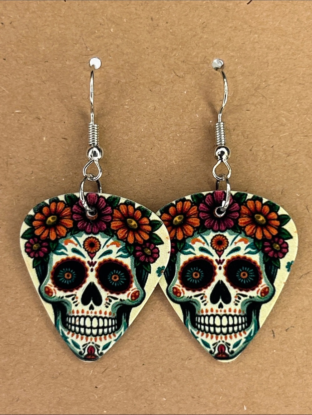 Sugar Skull Floral Custom Guitar Pick Earrings in Multicolor Fashion Jewelry
